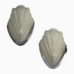 Italian Art Deco Shell-Shaped Wall Lamps in Glass and Metal, 1930s, Set of 2