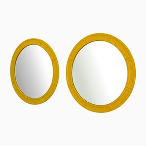 Round Yellow Lacquered Wooden Mirrors, 1970s, Set of 2
