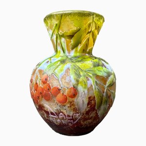 Art Nouveau Glass Cameo Vase with Birds Decor from Daum Nancy, France, 1910s