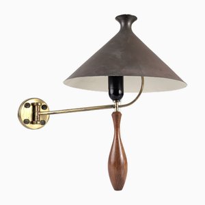 Mid-Century Brass and Wood Wall Sconce with Black Shade, 1950s