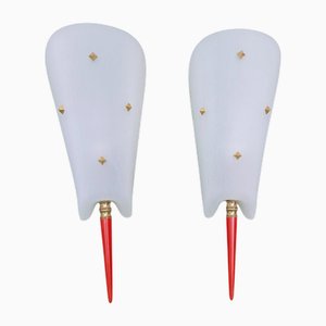 Vintage Wandlampen mit Strukturierten Lampenschirmen und roten Details, 1950er, 2er Set