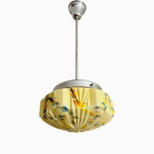 Art Deco Bauhaus Pendant Light in Polished Aluminum with Marbled Glass Shade, 1930s