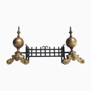 Antique Brass and Iron Fireplace Grate with Finials and Decorative Details, 1890s