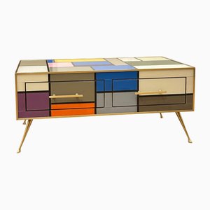 Brass Coffee Table with Stained Glass Drawers, 1970s