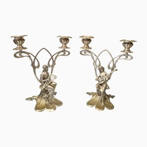 Sterling Silver Candleholders with Women Playing Guitar, France, 1920s, Set of 2