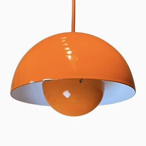 Suspension Mid-Century Space Age Early Edition Flowerpot en Orange Émail par Verner Panton pour Louis Poulsen, Denmark, 1968