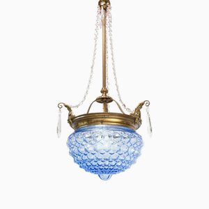 Antique French Blue Glass Tulip Pendant, 1900