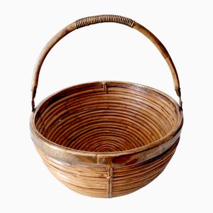 Italian Fruit Basket in Rattan with Brass Rim and Handle, 1960s-1970s