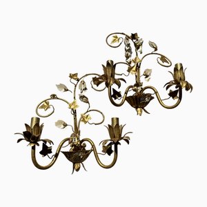Florentine Gilt Wall Sconces with Glass Ivy Leaves, 1970s, Set of 2