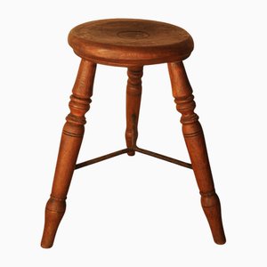 Fruitwood Primitive Lace Makers Stool with Iron Stretchers & Turned Legs