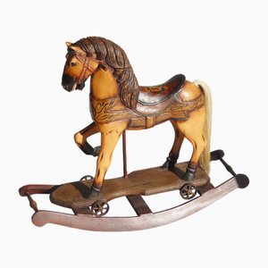 Antique Hand Painted Wooden Rocking Horse with Glass Eyes