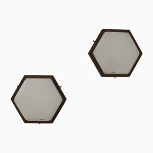 Lámparas de pared hexagonales de teca de Harvey Guzzini, años 60. Juego de 2