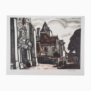 Louis Soulas, Dordogne, The Place at Domme, 1928, Original Signed Woodcut
