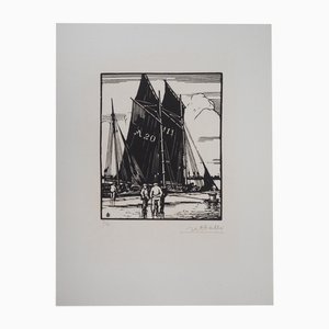 Charles-Jean Hallo, Brittany, Sails at Audierne, 1929, Original Signed Woodcut