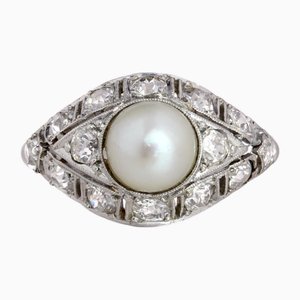 Art Deco French Cultured Pearl Diamonds Platinum Domed Ring, 1920s