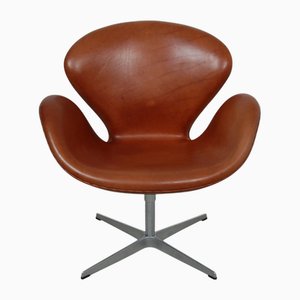 Tall Swan Chair in Patinated Cognac Anilin Leather by Arne Jacobsen, 2000s