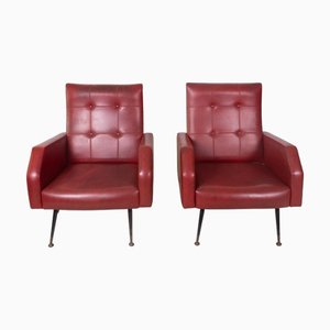 Fauteuils Vintage en Faux Cuir Rouge avec Pieds en Fer, 1960s, Set de 2
