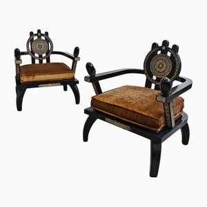 Set of Throne Shaped Hand-Carved Chairs in Ebonized Oak by Ettore Zaccari, 1970s