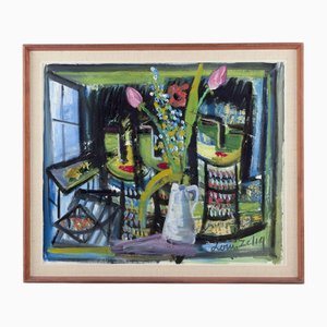 Louis Zelig, Bodegón con rostros de mujeres y flores, años 70, óleo sobre lienzo