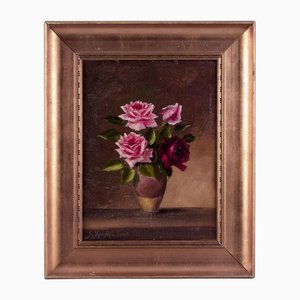 Artista danés, Bodegón con rosas en jarrón, Finales de 1800, Oleo sobre madera, Enmarcado