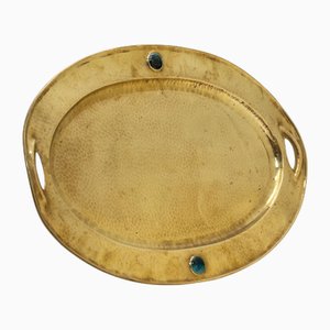 Large Arts & Crafts Oval Handled Tray with Cabochons in Brass, 1890s