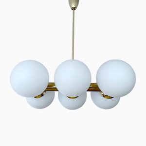 Mid-Century Modern Glass Globe and Brass Pendant Light, 1950s