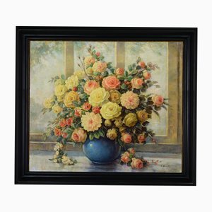 Giovanni Bonetti, Üppiger Blumenstrauß in Blauer Vase, 1980er, Öl auf Leinwand, Gerahmt