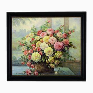 Giovanni Bonetti, Bouquet of Roses in a Basket, 1980s, Oil on Canvas, Framed