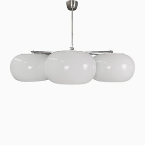 Italian Modern Round Opaline Glass and Metal Chandelier, 1970s