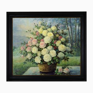Giovanni Bonetti, Basket of Pale Roses, 1980s, Oil on Canvas, Framed