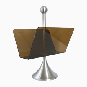 Porte-Revues Vintage en Acier Brossé et Verre Acrylique, 1960s