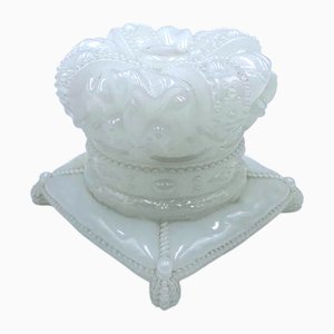 Antique French Crown-Shaped Box in Opaline Glass with Square Cushion, Early 19th Century