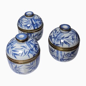 Petites Tasses à Thé Couvertes Gaiwans en Porcelaine Peinte à la Main, Chine, Set de 3
