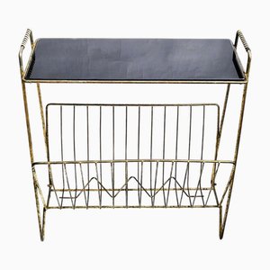Table d'Appoint Mid-Century en Laiton avec Plateau en Verre Noir, 1950s