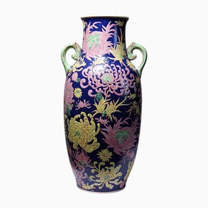 Large Vintage Chinese Baluster Vase in Enameled Porcelain with Flowers