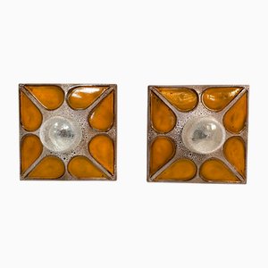 Modernist Square Ceramic Wall or Ceiling Lamps with Textured Glass Domes, West Germany, 1960s, Set of 2
