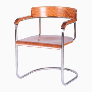 Tschechischer Bauhaus Armlehnstuhl aus Buche, Nussholz & Chrom, Hynek Gottwald zugeschrieben, 1930er