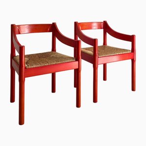 Rote Mid-Century Carimate Esszimmerstühle mit Rush Sitz von Vico Magistetti für Cassina, Italien, 1960, 2er Set
