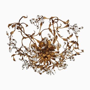 Große Italienische Hollywood Regency Deckenlampe aus Vergoldetem Metall & Kristallglas, 1970