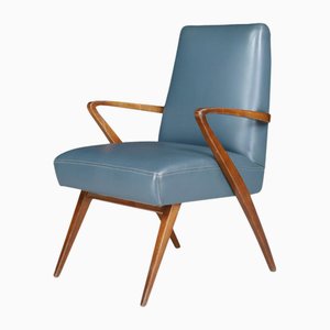 Mid-Century Modern French Armchair in Blue Leather, 1950s
