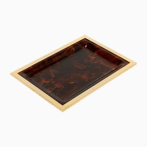 Plateau de Service en Verre Acrylique Faux Écaille et Laiton, Italie, 1970