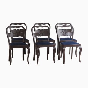 Chairs with Carved Decorations and Velvet Seats, 1920s, Set of 6