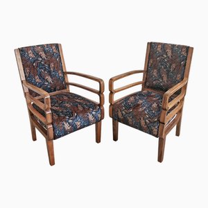 Art Deco Armchairs in Walnut with Floral Plush Upholstery, 1930s, Set of 2