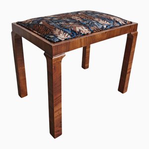 Poggiapiedi Art Déco in noce con imbottitura floreale, anni '30