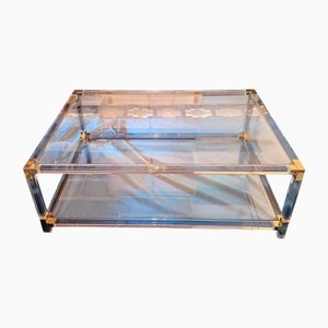 Large Italian 2-Level Coffee Table in Acrylic, Glass and Gilt Brass, 1980