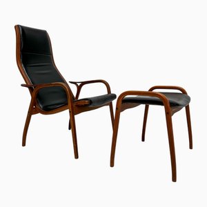Vintage Lamino Sessel & Fußhocker aus schwarzem Leder von Yngve Ekström für Swedese