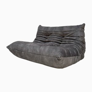 Sofá de dos plazas Togo vintage de terciopelo gris de Michel Ducaroy para Ligne Roset