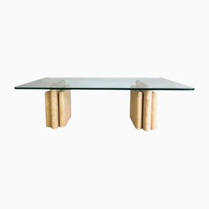 Mesa de centro Mid-Century de travertino original con diseño italiano de vidrio de Unknown para Unknown