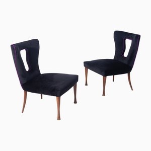 VintageItalian Armchairs in Black Velvet, Wood and Brass, 1950, Set of 2