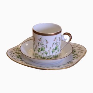 Hackefors Espresso Cup with Saucer and Plate with Linnea Floral Decoration, 1960s, Set of 3